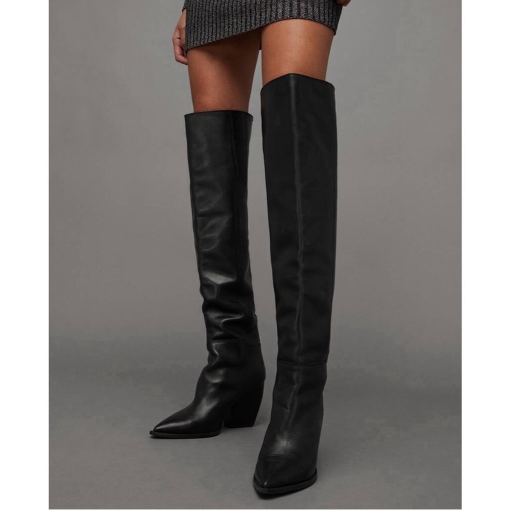 AllSaints Reina Over the Knee Boots Black Leather